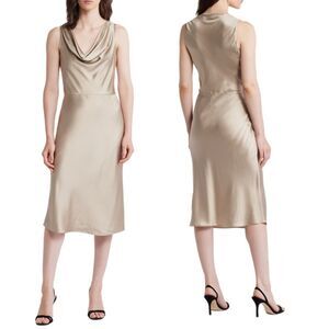 NWT BOSS “Dawida” satin cowl neck midi dress in champagne gold Size 10